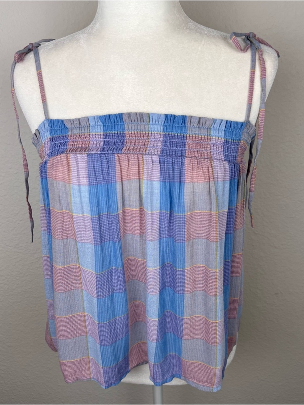 LOFT Smocked Plaid Tie-Strap Tank Top in Pastel Blue and Pink